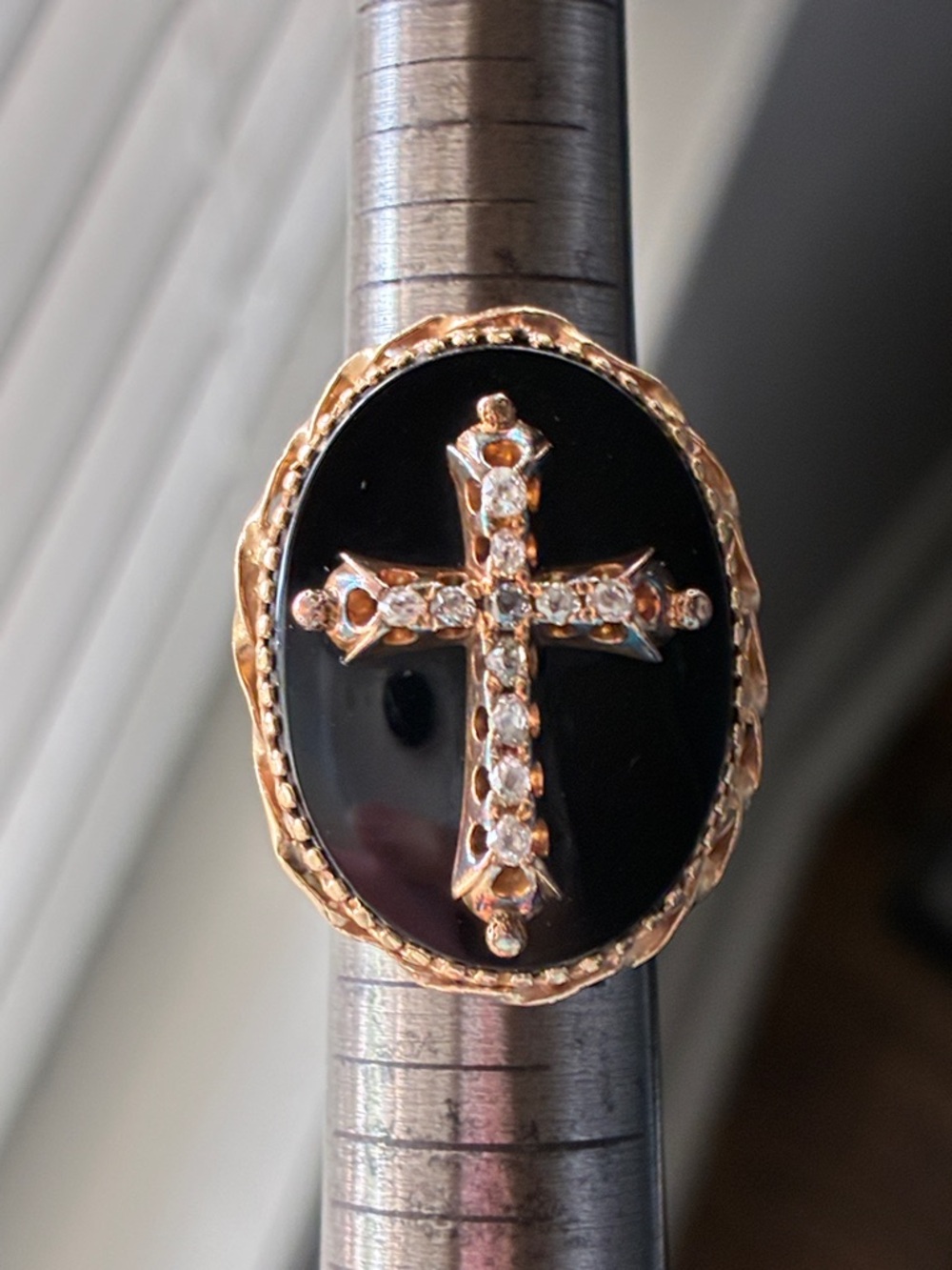 14k Gold Diamond Cross Ring with Black Onyx
